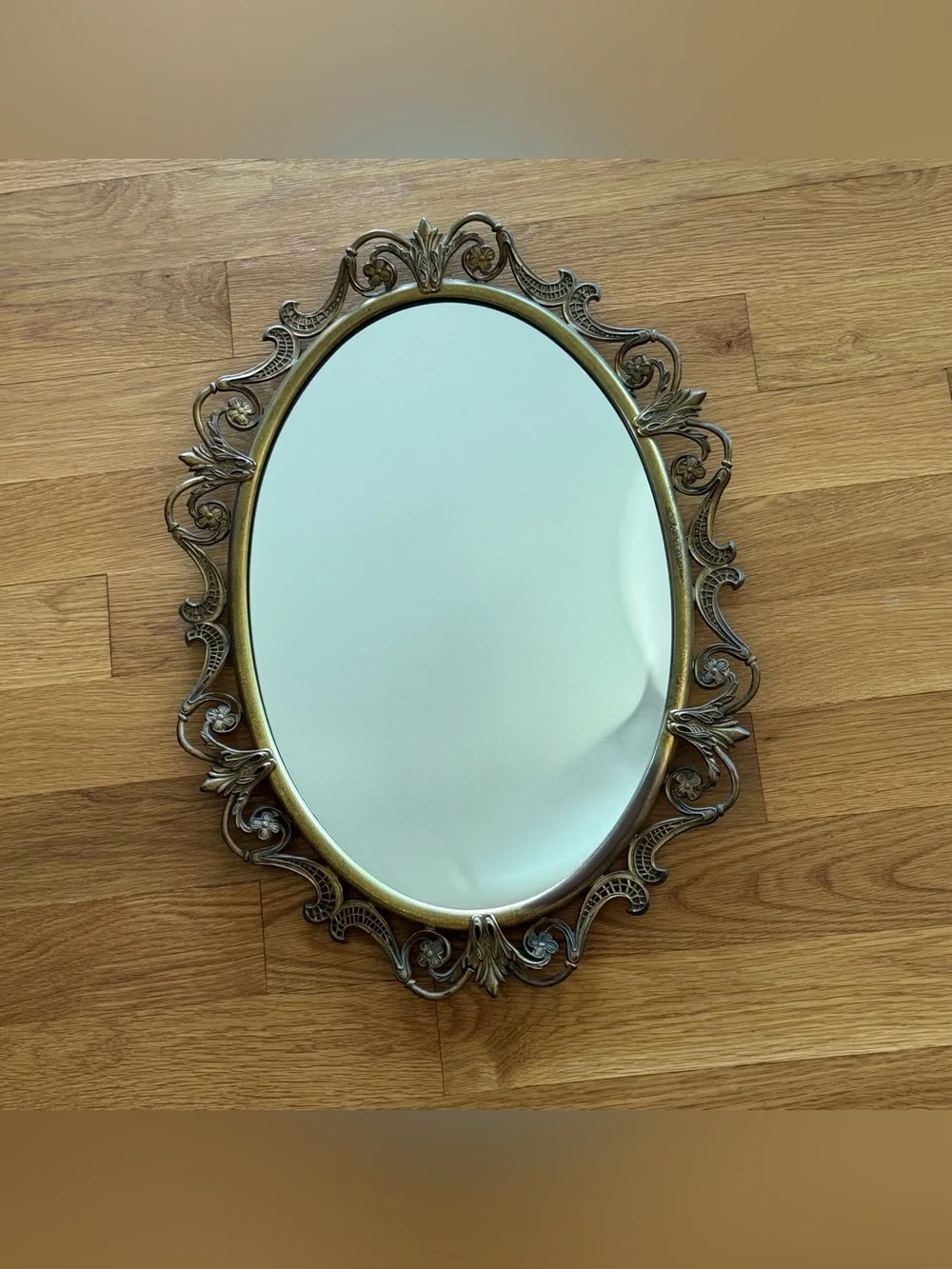 Vintage Ornate Gold Tone Oval Wall Mirror Floral Scroll Hollywood Regency